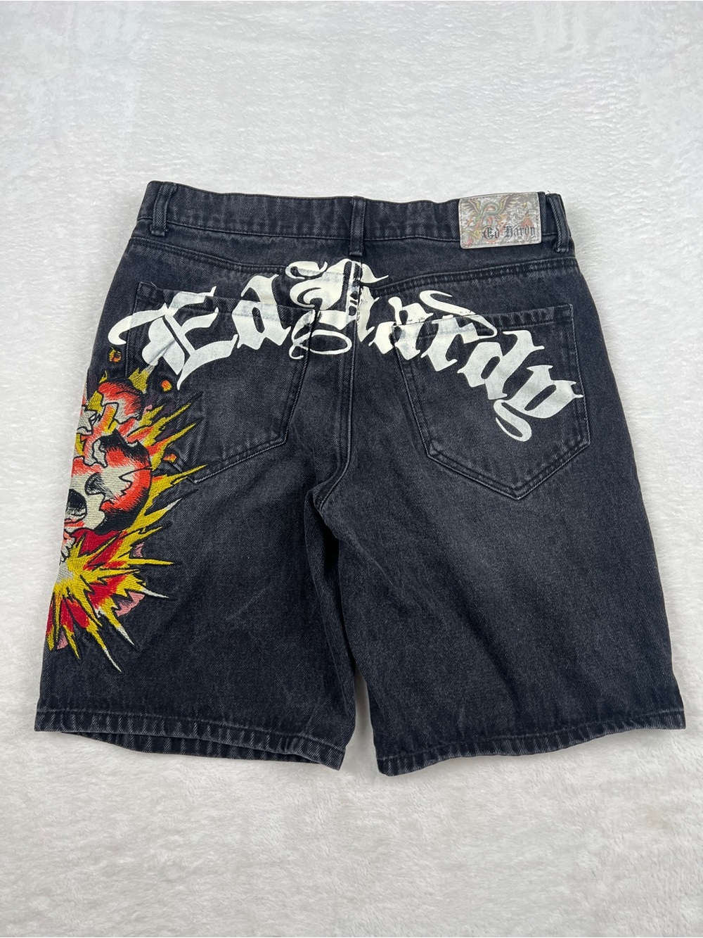 Ed Hardy Denim Jorts Men’s 32 Black Embroidered Skull Y2K Skater Shorts